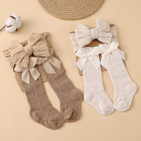 Baby Meisje Strik Hoofdband En Ajour Gebreide Kniekousen Set Katoen Ademende Baby Sokken Accessoires Cadeau Voor Fotografie