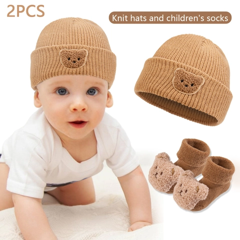 Set Berretto In Maglia E Calzini Per Neonati Orsetto Di Peluche Inverno Caldo Lavorazione A Costine Accessori Per Bambini