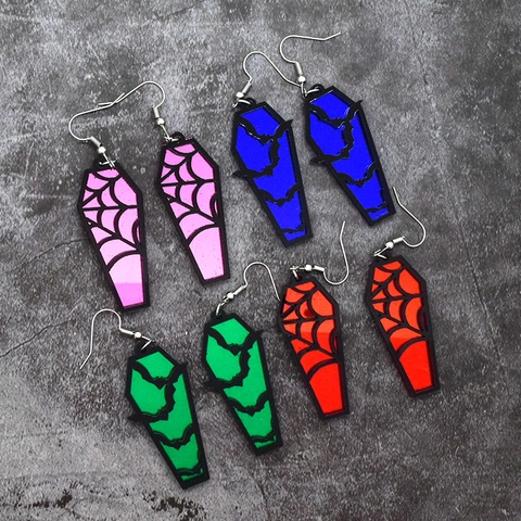 Halloween Gothic Sarg Ohrhänger Spiegel Acryl Fledermaus Spinnennetz Muster Dunkler Stil Ohrringe Für Damen Party Schmuck