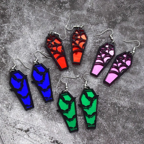 Halloween Gothic Sarg Ohrhänger Spiegel Acryl Fledermaus Spinnennetz Muster Dunkler Stil Ohrringe Für Damen Party Schmuck