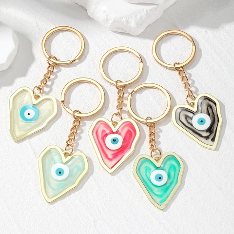 Heart Shaped Evil Eye Keychain Resin Marble Texture Drip Glue Gold Border Keyring Lucky Charm Hanging Ornament Jewelry For Unisex
