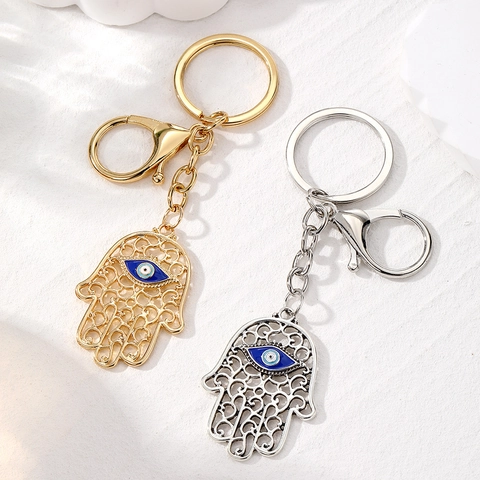 Vintage Alloy Hamsa Hand Keychain Hollow Evil Eye Pendant Lobster Clasp Ethnic Protective Charm Bag Car Key Ring Jewelry