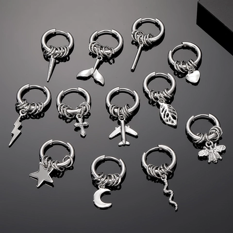 Orecchini a Cerchio in Acciaio Inossidabile Vintage Punk per Uomo Donna Hip Hop Strass Stella Luna Cuore Croce Ciondolo Gioielli