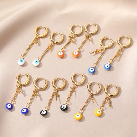 Stainless Steel Evil Eye Dangle Hoop Earrings For Women Gold Plated Enamel Cross Snake Star Charm Drop Earrings Bohemian Fashion Jewelry