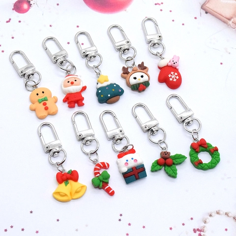 Cartoon Christmas Resin Keychain Santa Claus Reindeer Gingerbread Man Christmas Tree Pendant Bell Xmas Decor Gift Ornament