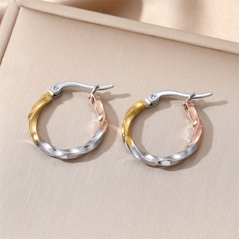 Stainless Steel Tri-Color Hoop Earrings Gold Silver Rose Gold Twisted Geometric Striped For Men Women Unisex Fashion Jewelry