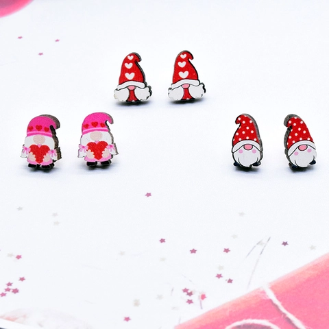 Pendientes de Botón de Madera Animados Con Patrones de Corazón Rosa Gnomo Cupido Joyería Estampada para Regalo de San Valentín Navidad Mujer
