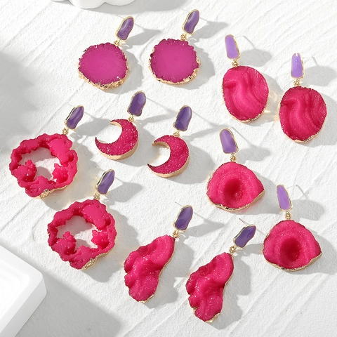 Vintage Geometric Resin Druzy Stone Earrings For Women Alloy Gold Plated Inlaid Fushia Purple Teardrop Moon Drop Earrings