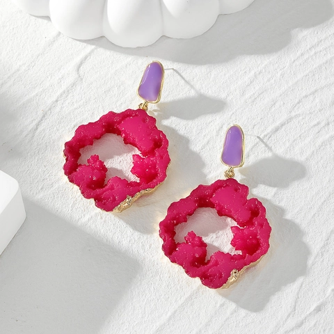 Vintage Geometric Resin Druzy Stone Earrings For Women Alloy Gold Plated Inlaid Fushia Purple Teardrop Moon Drop Earrings