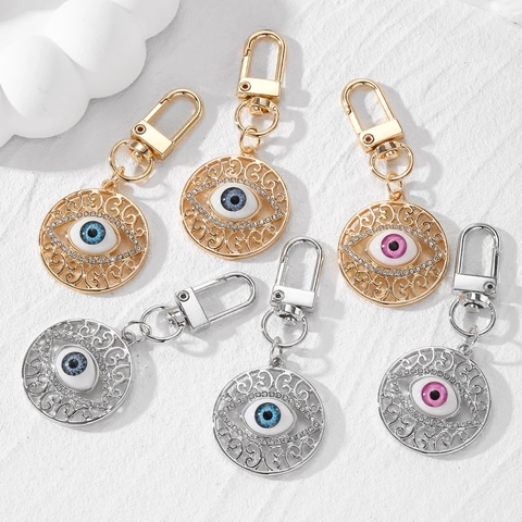 Vintage Hohl Legierung Böser Blick Schlüsselanhänger Strass Eingelegt Runde Auge Anhänger Galvanisierte Schlüsselring Für Tasche Damen