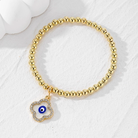 Vintage Minimalist Gold Plated Alloy Beaded Bracelet Rhinestone Evil Eye Charm Cross Star Clover Bracelet For Women Jewelry