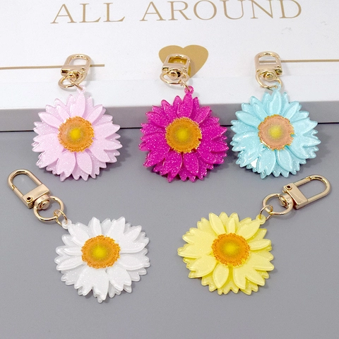Creatieve Kleurrijke Madeliefje Zonnebloem Hars Sleutelhanger Glitter Bloem Tas Hanger Met Gouden Legering Karabijnsluiting Vrouwen