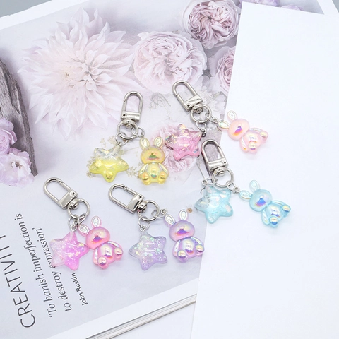 Cute Resin Bunny Star Keychain Colorful Electroplated Gradient Rabbit Pendant Bag Charm Fashion Jewelry Accessories Gift