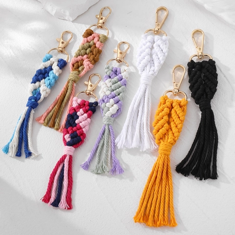 Böhmisch Handgefertigt Gewebt Baumwolle Seil Schlüsselanhänger Mit Quaste Farbig Macrame Tasche Anhänger Metall Hummer Verschluss Vintage Schlüsselring Damen