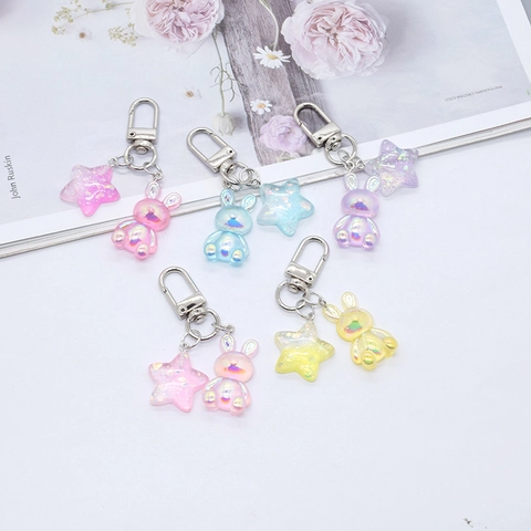 Cute Resin Bunny Star Keychain Colorful Electroplated Gradient Rabbit Pendant Bag Charm Fashion Jewelry Accessories Gift