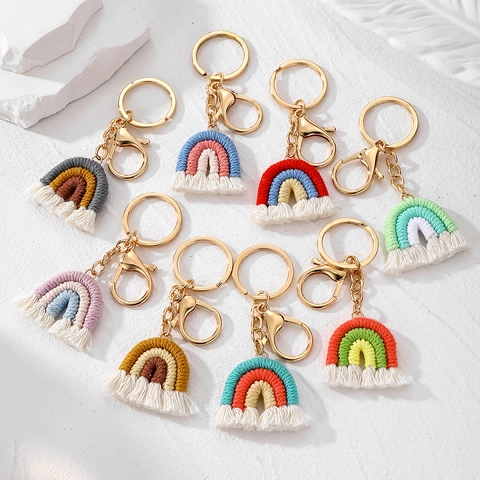 Portachiavi Arcobaleno Intrecciato a Mano Ciondolo per Borsa in Corda di Cotone Bohémien con Nappina Chiusura a Moschettone