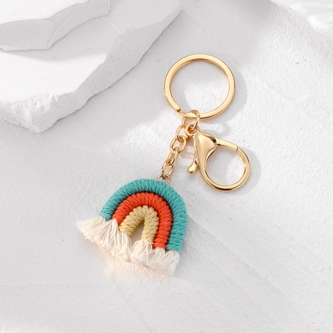 Portachiavi Arcobaleno Intrecciato a Mano Ciondolo per Borsa in Corda di Cotone Bohémien con Nappina Chiusura a Moschettone