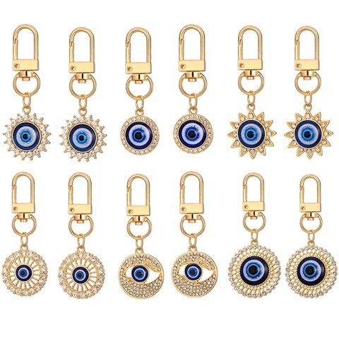 Variety Evil Eye Alloy Keychains Women Men Gold Rhinestone Turkish Evil Eye Charms Metal Keyring Pendant