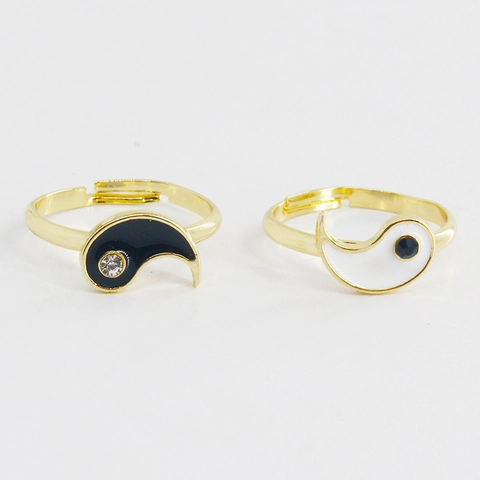 Fashion Gold Plated Alloy Taiji Yin Yang Open Rings For Couples Black White Drip Oil Rhinestone Adjustable Matching Ring Set