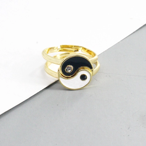 Fashion Gold Plated Alloy Taiji Yin Yang Open Rings For Couples Black White Drip Oil Rhinestone Adjustable Matching Ring Set