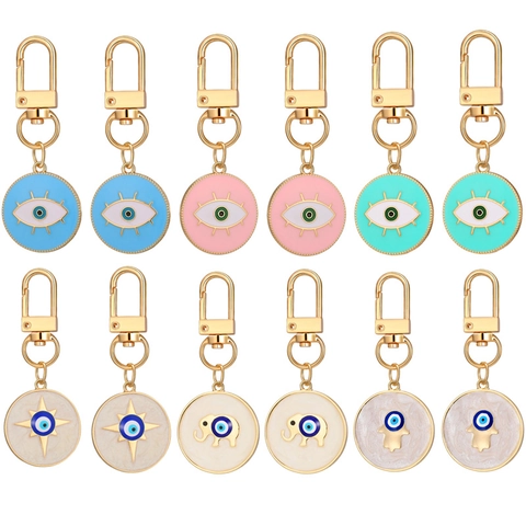 12Pcs Evil Eye Keychain Set Alloy Elephant Hamsa Hand Pendant Drip Oil Enamel Vintage Gold Color Bag Charms Jewelry Gift