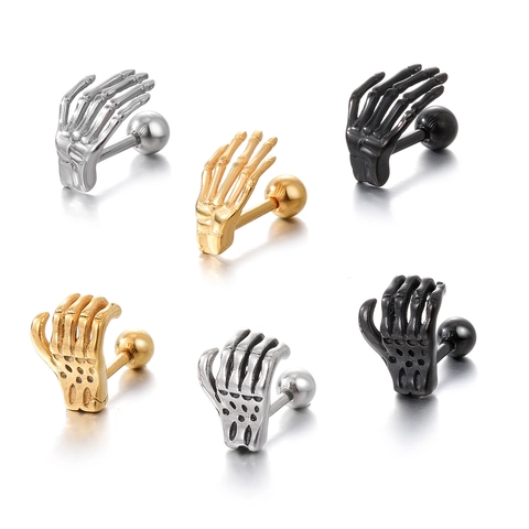 Pendientes de Botón de Mano de Esqueleto de Acero Inoxidable Punk Piercing de Hueso de Esqueleto Gótico para Hombres Mujeres