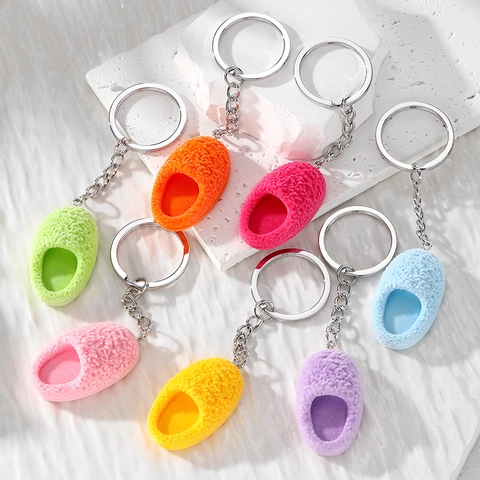 Creative Mini Plush Slipper Keychain Cute Faux Lamb Wool Shoes Bag Pendant For Women Girls Colorful Keyring Gift Accessory