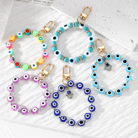 Handmade Evil Eye Beaded Keychain With Hamsa Hand Fruit Charm Resin Plastic Alloy Bag Hanging Ornament Boho Gift For Women