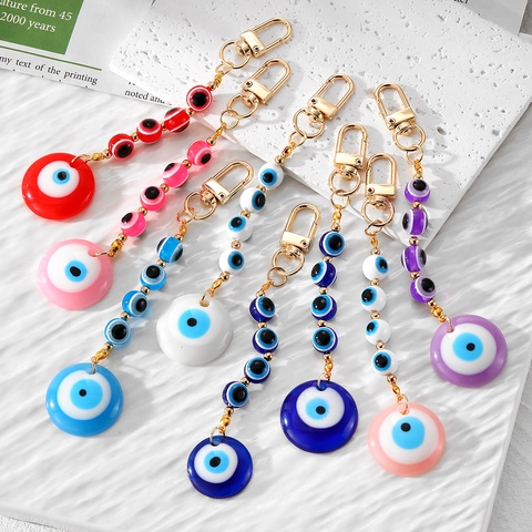 Handmade Evil Eye Beaded Keychain Resin Geometric Round Pendant Ornament Hanging Bag Accessory For Women Ethnic Retro Style