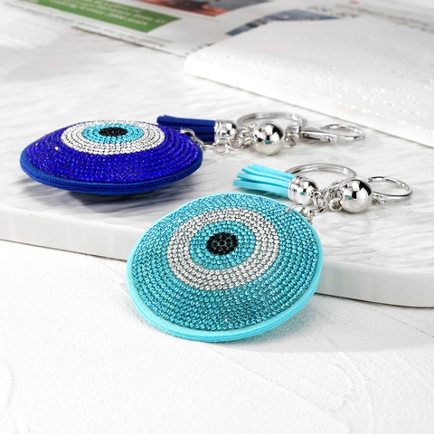 Llavero Ojo Turco con Strass y Borla de Cuero Artificial Colgante para Bolso Aleación Campana Llavero de Moda para Mujer