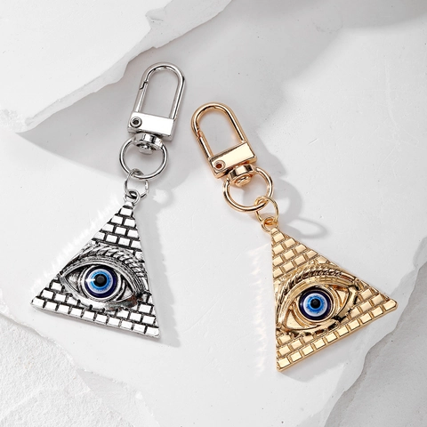 Vintage Legering Alziend Oog Driehoek Sleutelhanger Blauw Boze Oog Piramide Hanger Sleutelring Voor Mannen Vrouwen Cadeau