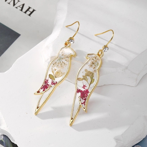 Pendientes de Gota de Flores Secas Hechos a Mano para Mujer Resina Corazón Pájaro Floral Aleación Diamantes de Imitación Joyería Pastoral