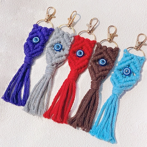 Handgefertigter Macrame Böser Blick Schlüsselanhänger Für Damen Gewebtes Baumwollseil Quaste Tasche Anhänger Vintage Ethno Schmuck