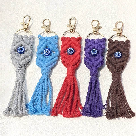 Handgefertigter Macrame Böser Blick Schlüsselanhänger Für Damen Gewebtes Baumwollseil Quaste Tasche Anhänger Vintage Ethno Schmuck