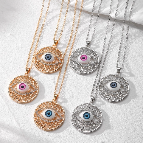 Vintage Evil Eye Legierung Anhänger Halskette Für Damen Retro Ausgehöhlt Rund Strass Verzierte Lange Kette Halskette Schmuck