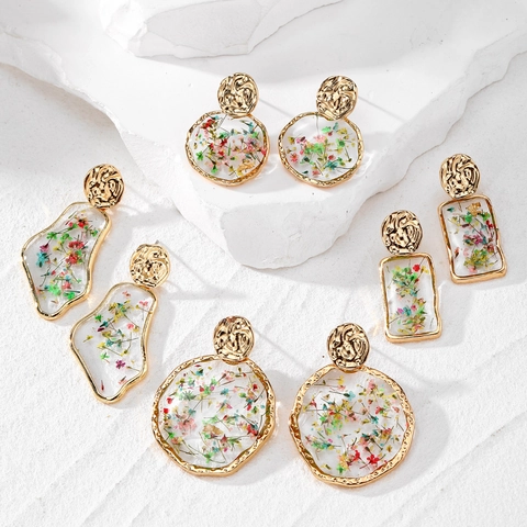 Handmade Real Dried Flower Resin Stud Earrings Geometric Gold Plated Glue Dropping Boho Floral Fashion Jewelry For Women