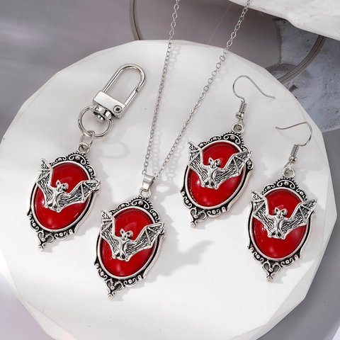 Gotische Retro Vleermuis Sieradenset Legering Hars Ovaal Vampier Vleermuis Halsketting Oorbellen Sleutelhanger Halloween Donkere Stijl Accessoires Voor Unisex