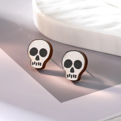 Pendientes de Botón de Madera de Halloween para Mujeres Hombres Fantasma Calabaza Calavere Araña Murciélago Joyería Impresa de Fiesta