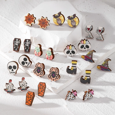 Pendientes de Botón de Madera de Halloween para Mujeres Hombres Fantasma Calabaza Calavere Araña Murciélago Joyería Impresa de Fiesta