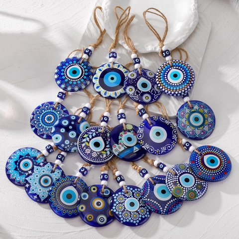 Großes Blaues Evil Eye Hängendes Ornament Mit Harz Glas Mandala Druck Ethnischen Stil Auto Haus Wand Dekor Schutz Amulett Geschenk