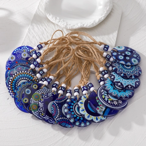 Großes Blaues Evil Eye Hängendes Ornament Mit Harz Glas Mandala Druck Ethnischen Stil Auto Haus Wand Dekor Schutz Amulett Geschenk