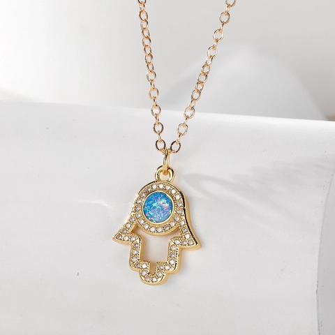 Boho Stainless Steel Gold Plated Copper Necklace Women Artificial Opal Rhinestone Evil Eye Moon Heart Pendant Jewelry