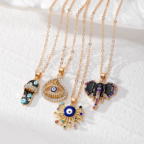 Vintage Gold Plated Alloy Evil Eye Pendant Necklace With Ethnic Enamel Rhinestone Elephant Slipper Charm Jewelry For Women