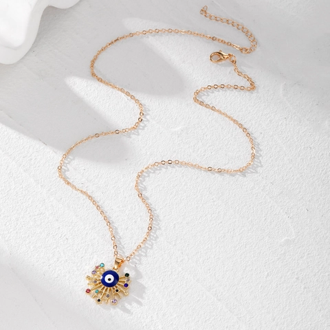 Vintage Gold Plated Alloy Evil Eye Pendant Necklace With Ethnic Enamel Rhinestone Elephant Slipper Charm Jewelry For Women