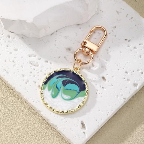 Vintage Round Marble Keychain Alloy Drip Oil Fluid Art Bag Charm Gold Wave Edge Pendant Women Bag Accessories Gift