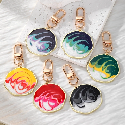 Porte-Clés Bohème Style Ethnique Marbré Rond Irrégulier Grand Alliage Pendentif Goutte d'Huile Anneau de Clés Rétro pour Femmes