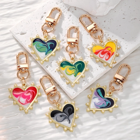 Vintage Herz Emaille Schlüsselanhänger Mit Künstlichen Perlen Marmormuster Legierung Taschenanhänger Für Damen Retro Mode Schmuck Geschenk