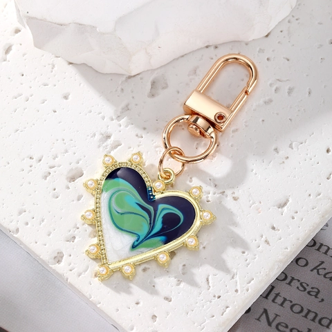 Vintage Herz Emaille Schlüsselanhänger Mit Künstlichen Perlen Marmormuster Legierung Taschenanhänger Für Damen Retro Mode Schmuck Geschenk