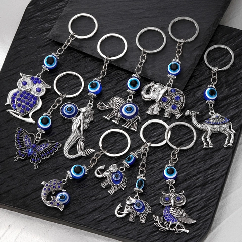 Portachiavi Animale Malocchio Vintage in Lega Strass Elefante Gufo Sirena Pendente Etnico Anello Portachiavi Accessori