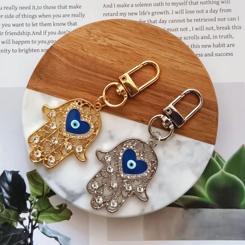 Vintage Legering Holle Hamsa Hand Sleutelhanger Met Hart Boze Oog Strass Hanger Etnische Stijl Tas Bedel Sleutelring Voor Vrouwen